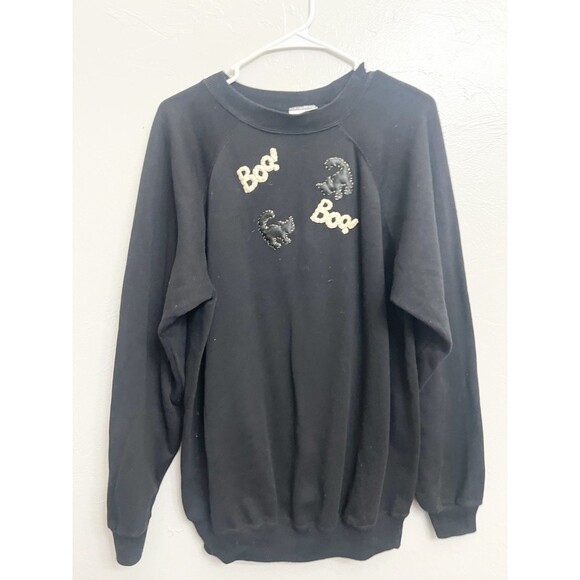 Vintage 1990s Size XL Halloween Boo Black Cat Sweatshirt USA 50/50 Hanes Mint - Picture 2 of 6